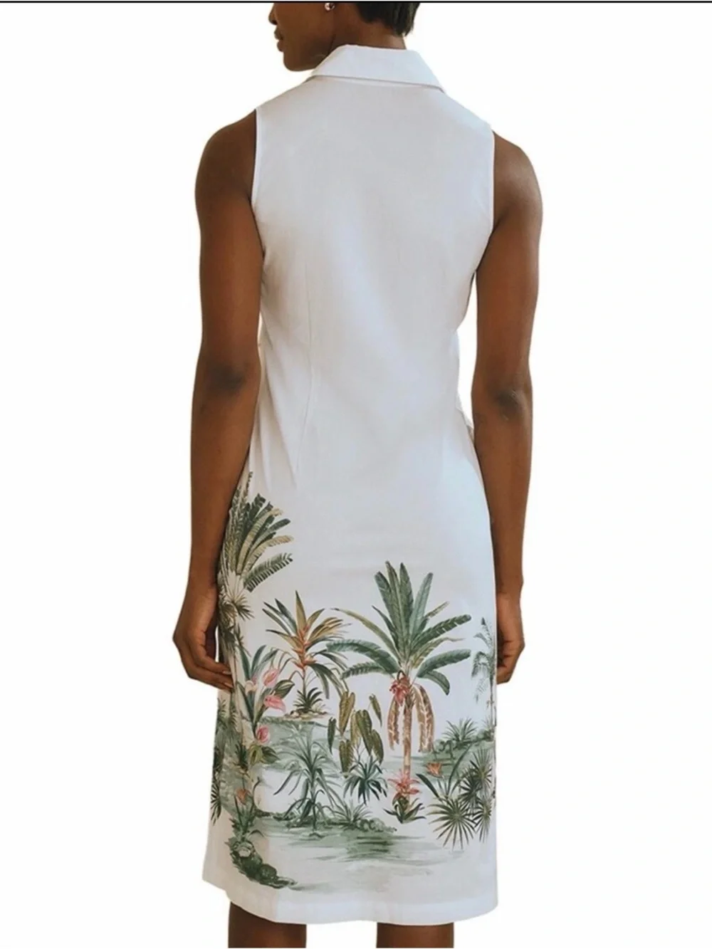 J. McLaughlin White Sleeveless Shirt Midi Dress with Tropical Print - Picture 2 of 9